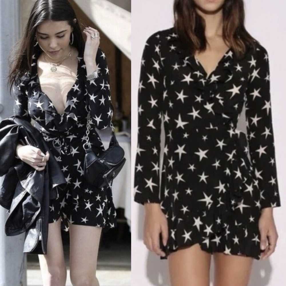 Realisation Par Alexandra 100% Silk Mini Wrap Dress Black‎ White Size Small Boho